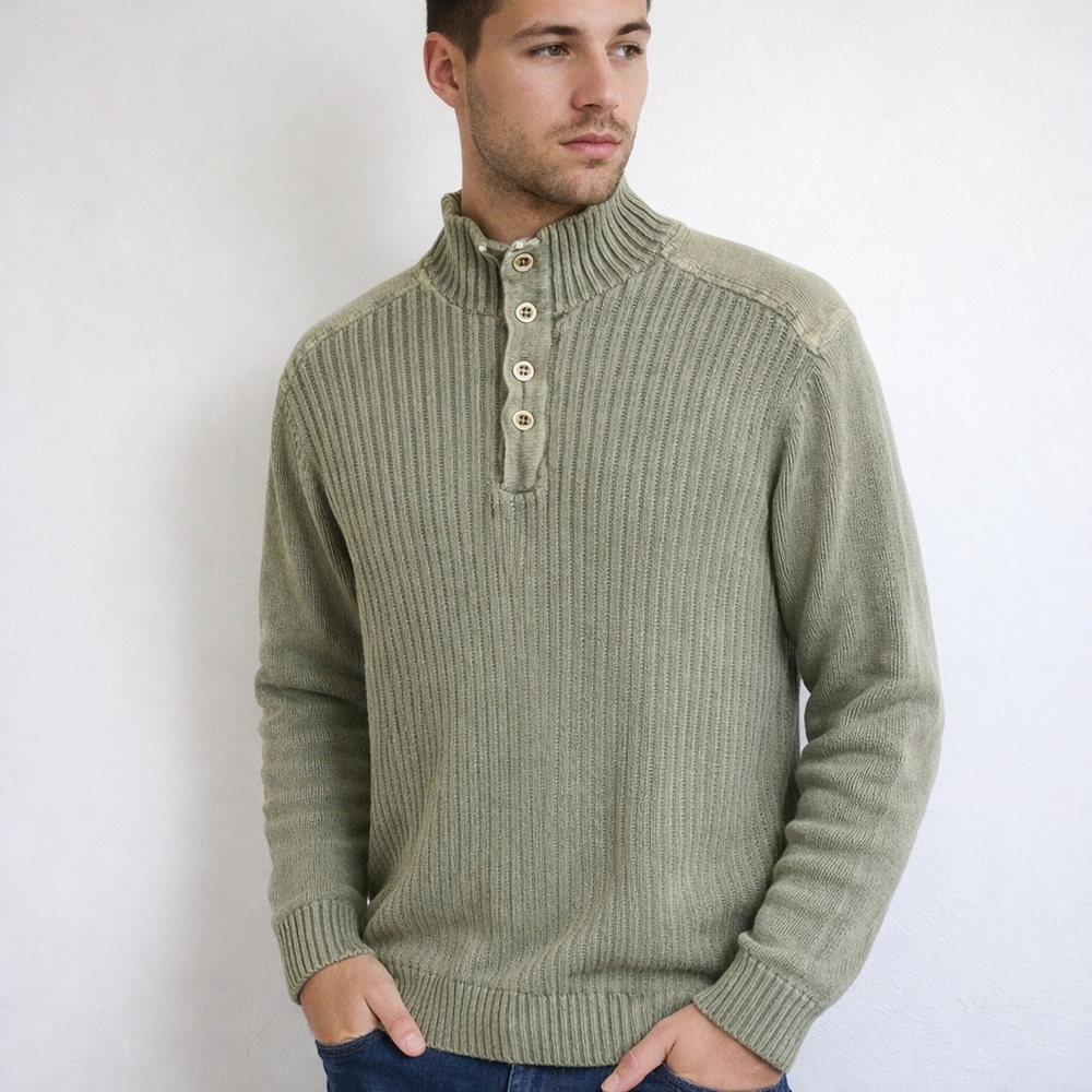 Park Slope Mens Olive Green Mock Neck Heavy Knit‎ Henley Sweater Size L